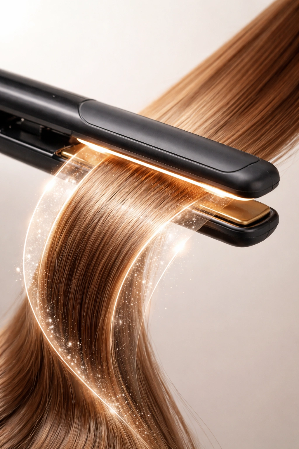 Close-up of hair being heat styled with a flat iron, protected by a heat shield effect