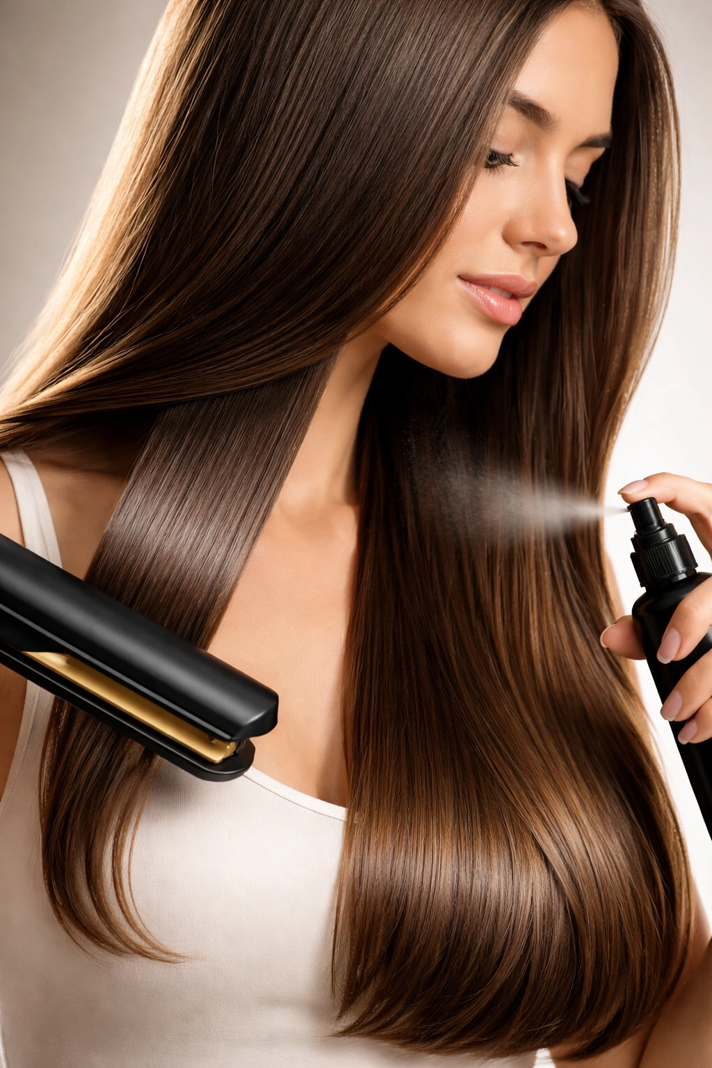 Close-up of smooth straight hair after heat styling