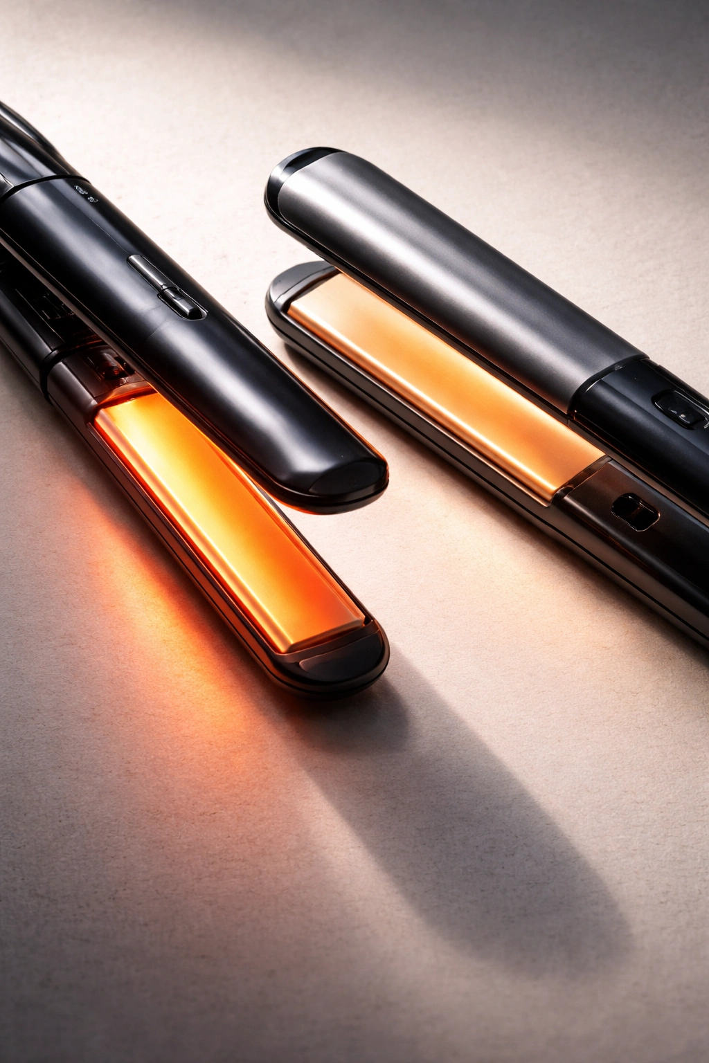 Side-by-side flat irons with glowing plates indicating heating speed differences