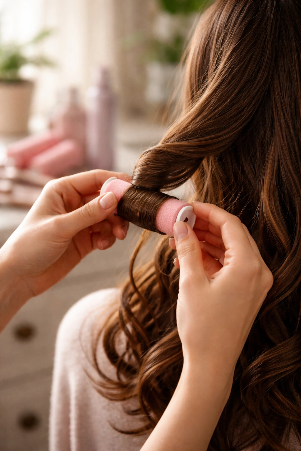 Hands wrapping hair around foam rollers for heatless curling