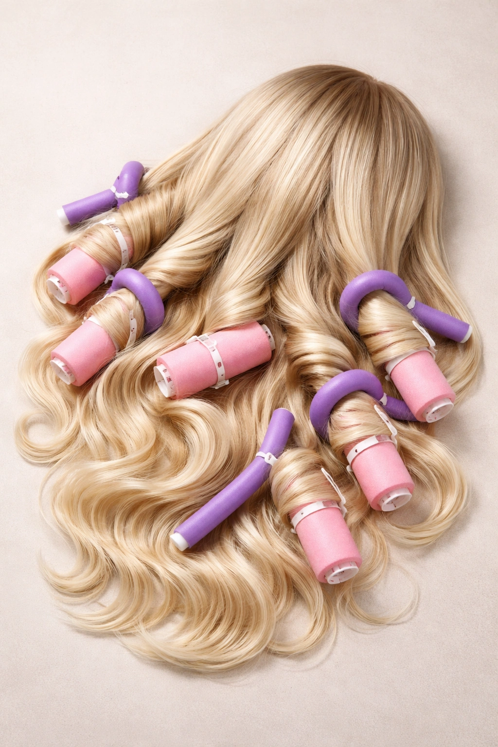 Wig with foam rollers set for heatless curl styling
