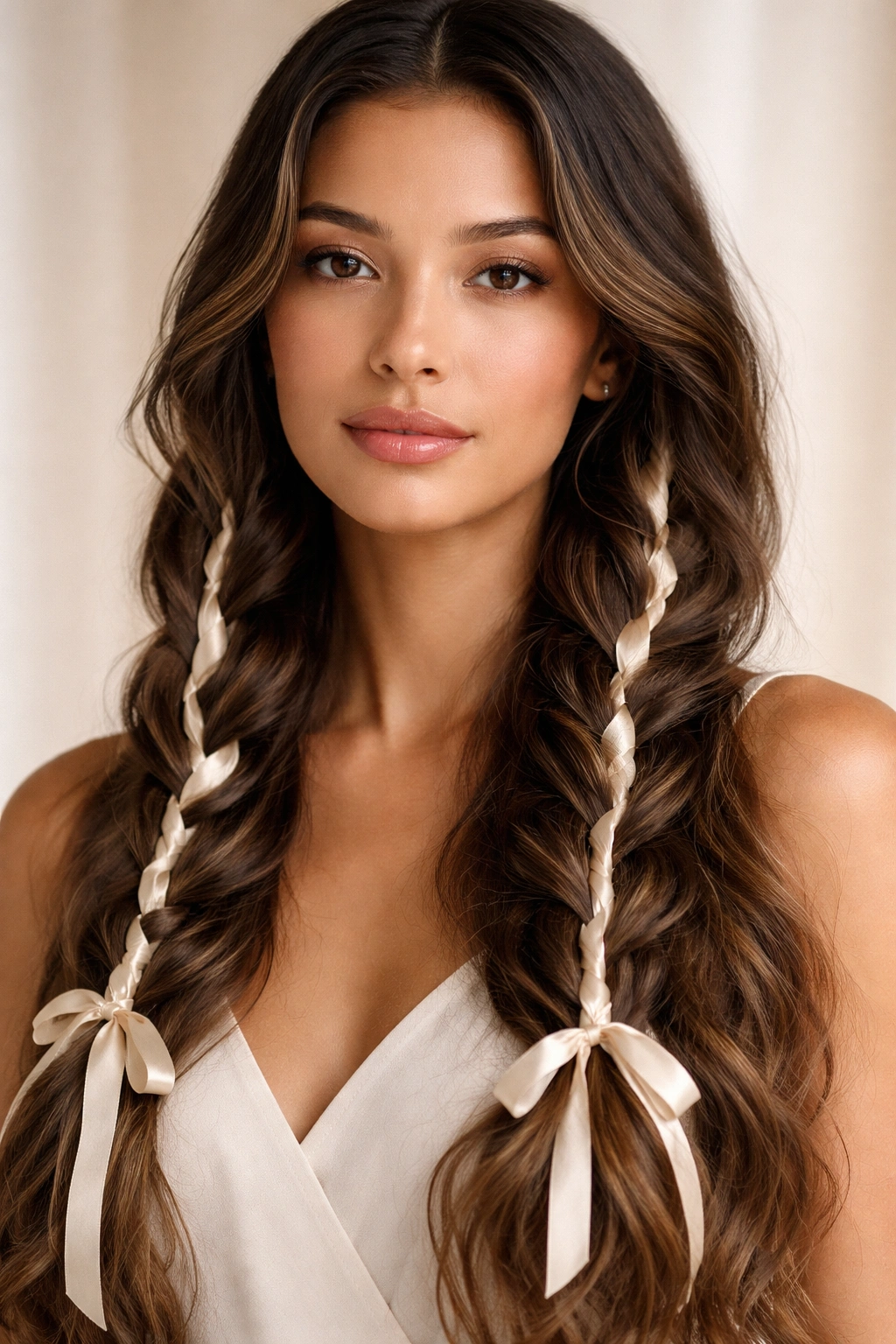 Heatless waves formed by braids with silk ribbon.