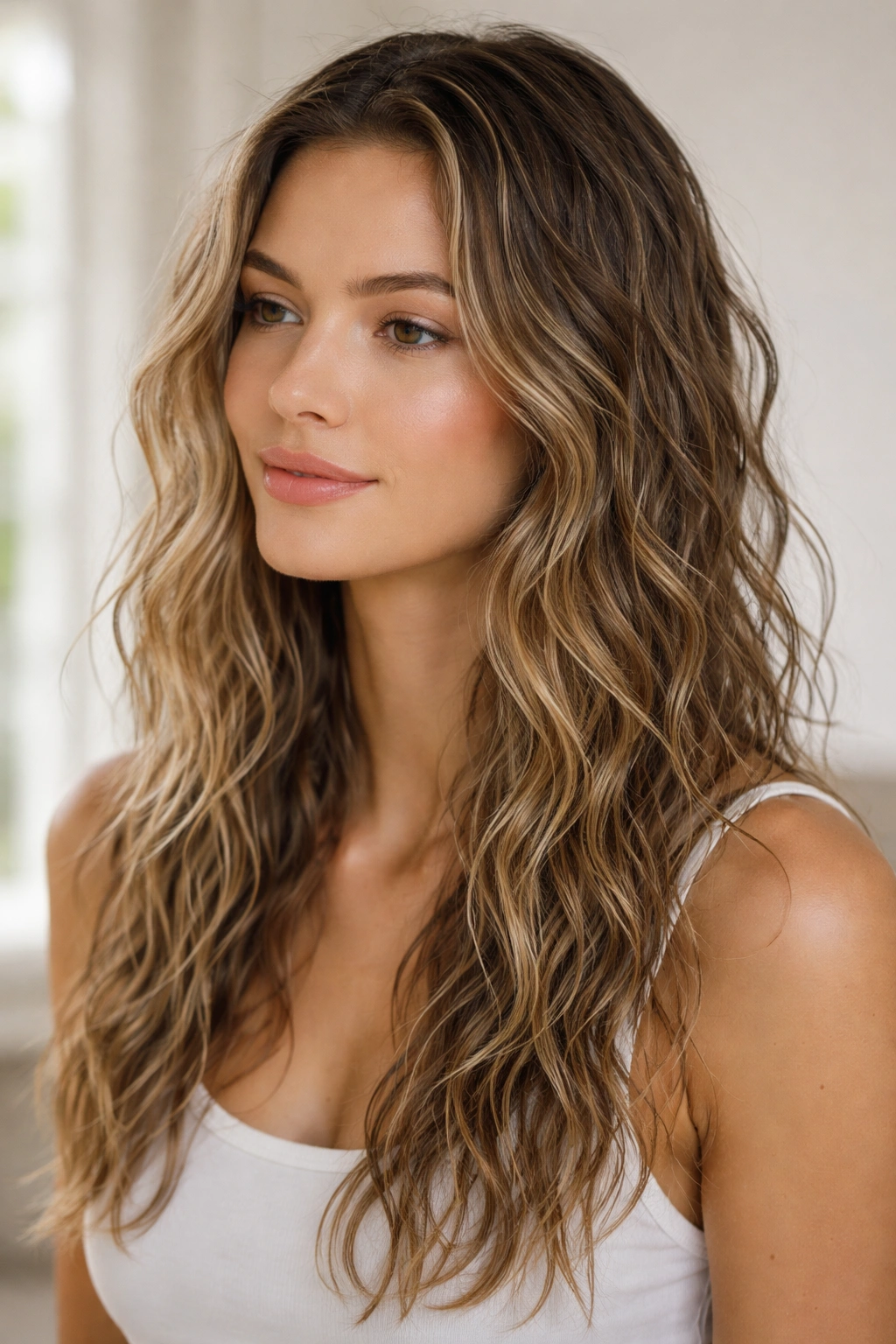 Close-up of damp natural-looking waves in hair without heat