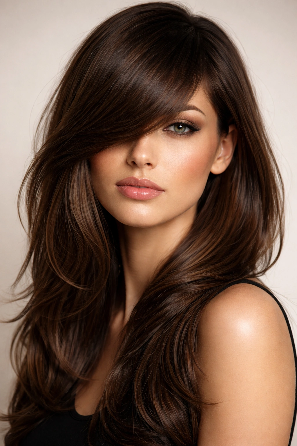Portrait of a person with thick, heavy side-swept bangs