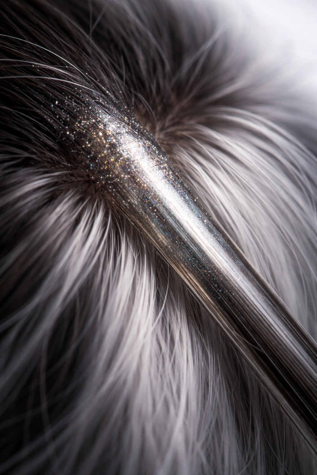 Hair strand with subtle metallic sheen near the root