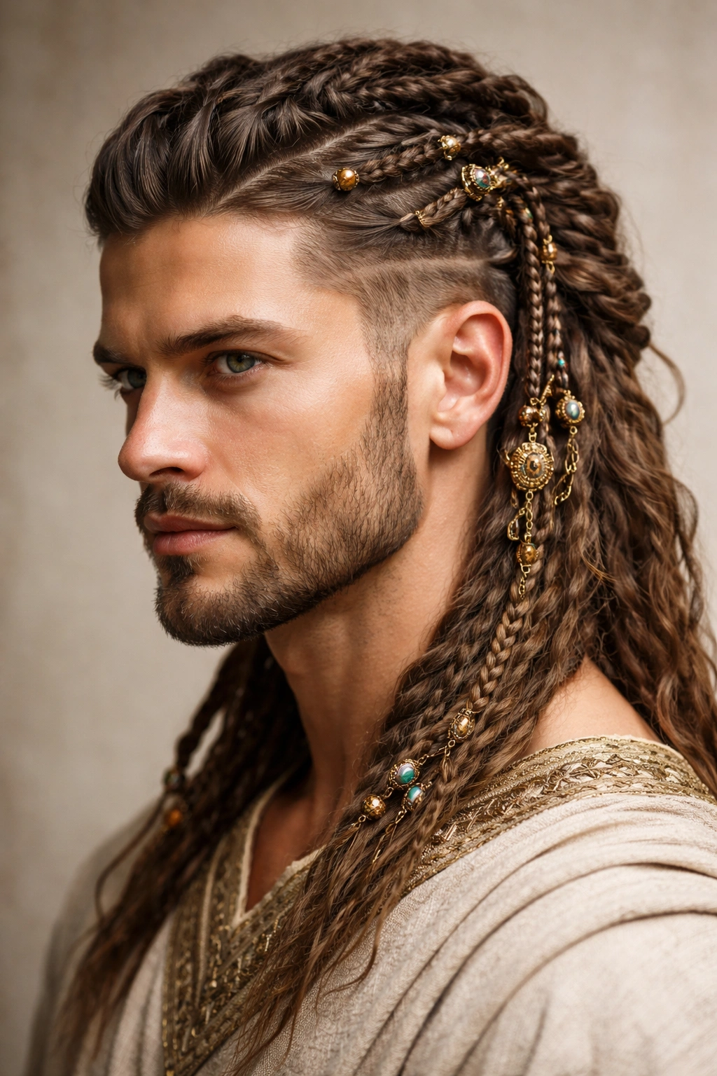 Close-up of a male head with elaborate mixed braids and beads, reflecting Hellenistic cultural fusion.