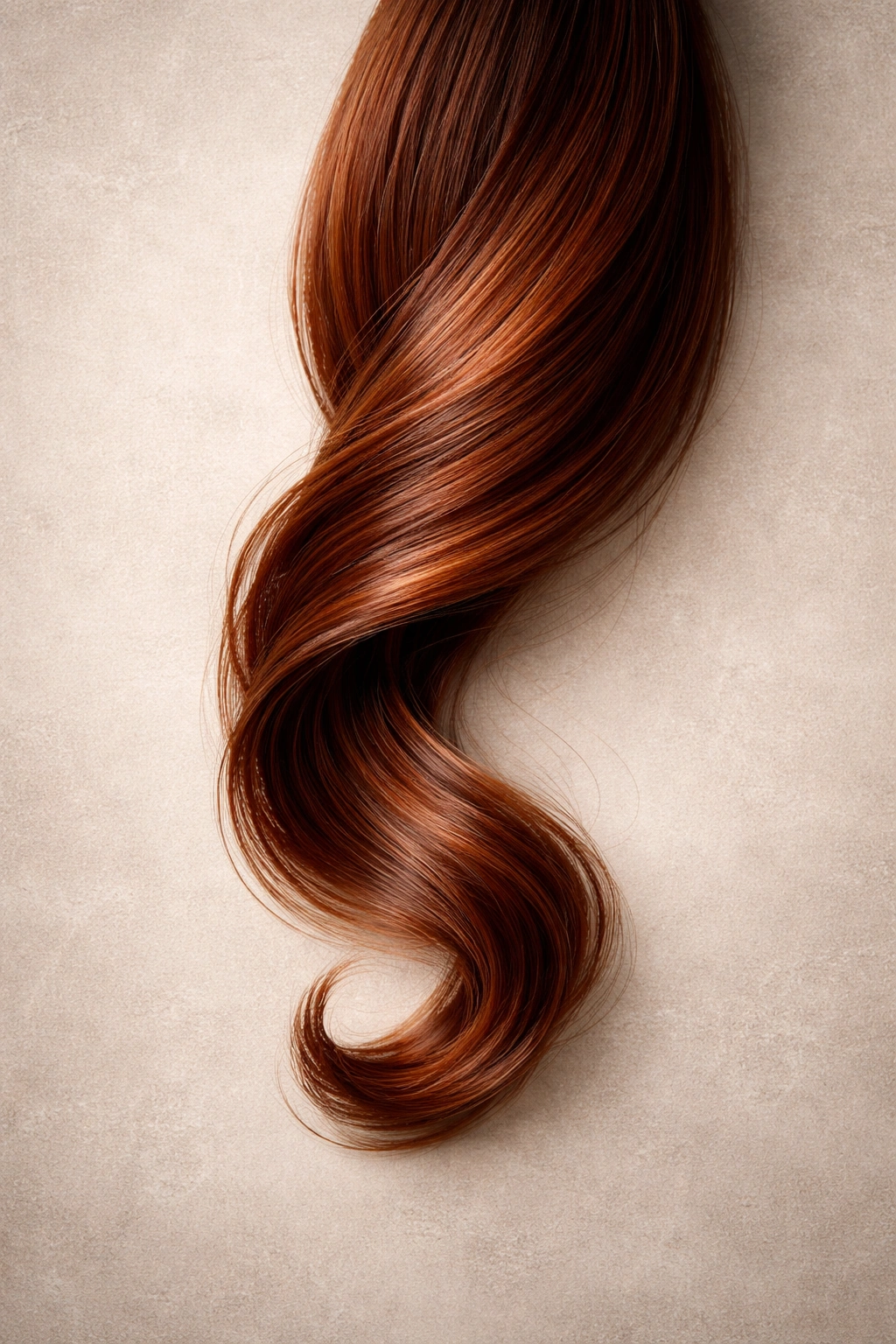 Single auburn hair strand with shine on neutral background.