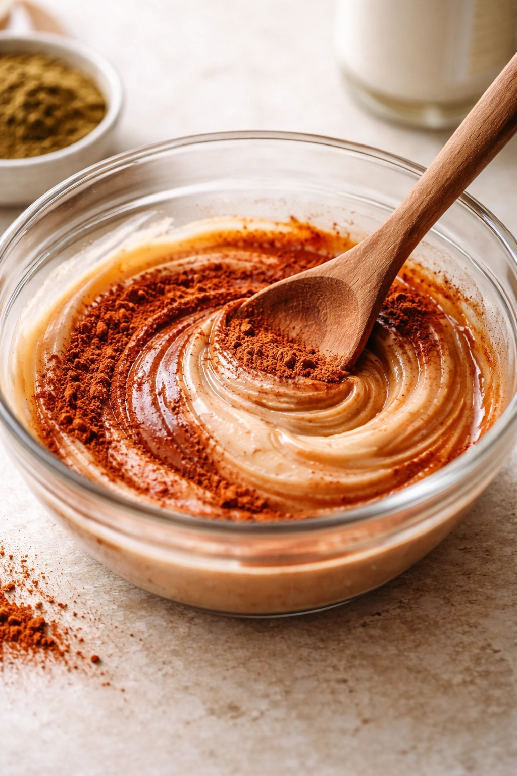 Close-up of conditioner with henna powder in a glass bowl, illustrating a henna gloss mixture.