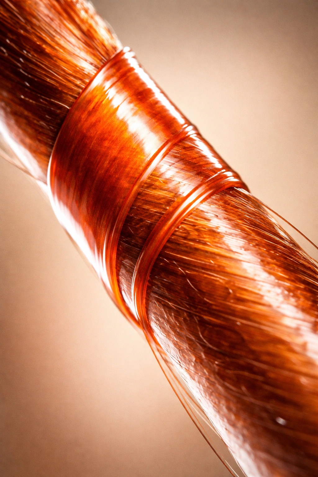 Hair strand with red-orange henna coating showing shine