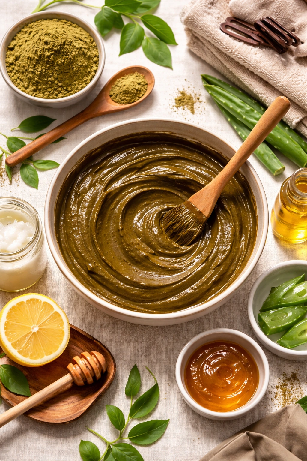Bowl of freshly mixed henna paste with applicator