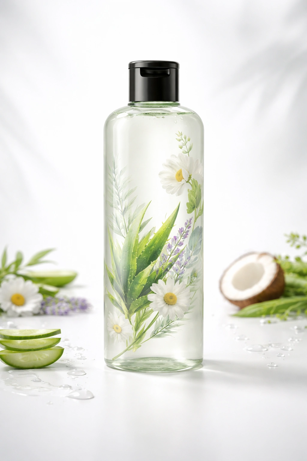 Shampoo bottle silhouette with botanical color accents on a clean white backdrop; no text.