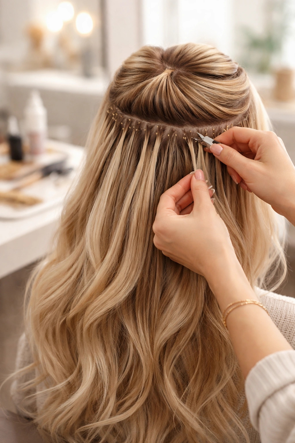 Salon scene with hands adjusting hair extensions on a head