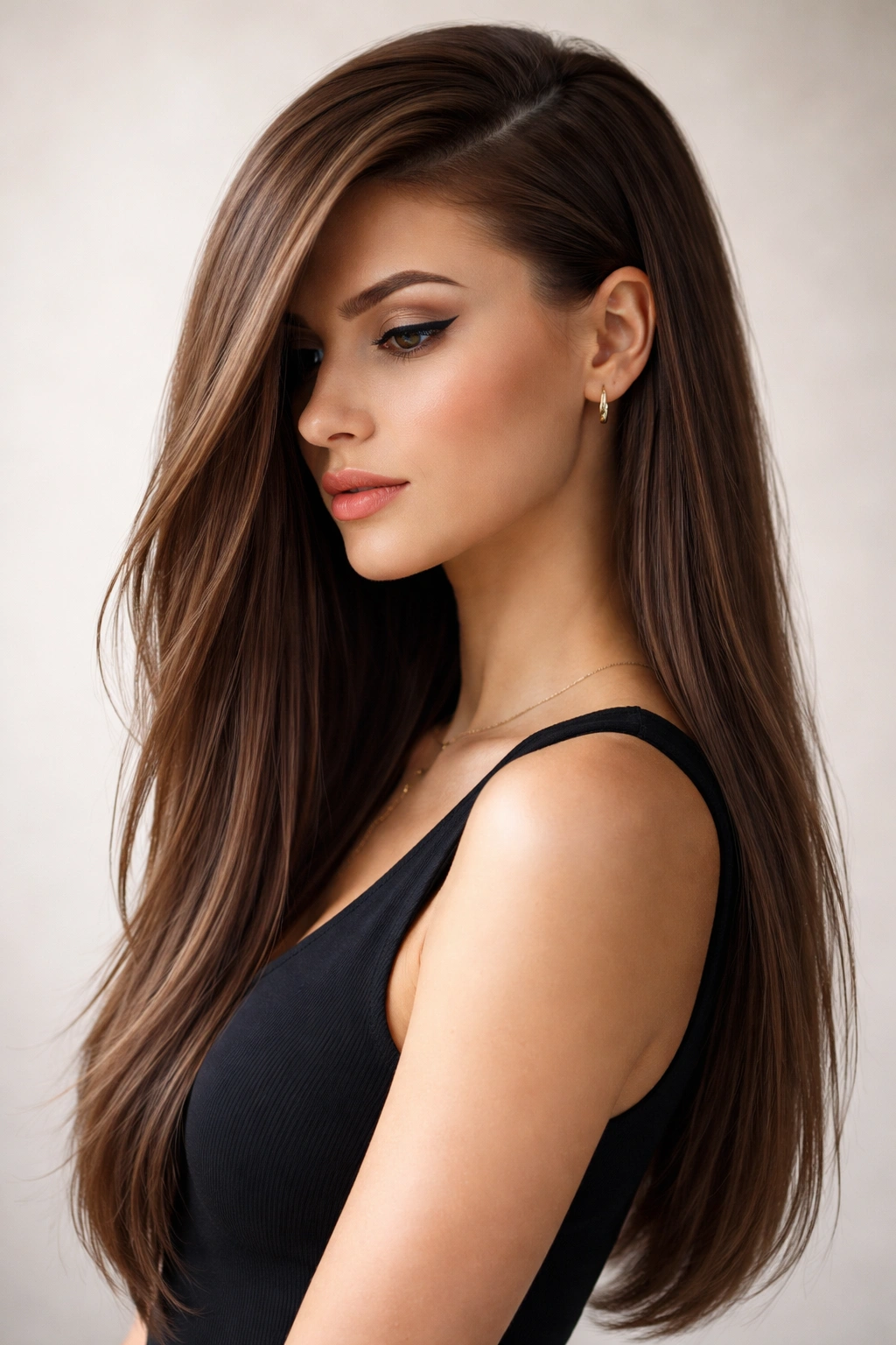 Long-haired model with concealed shaved side under sleek layers