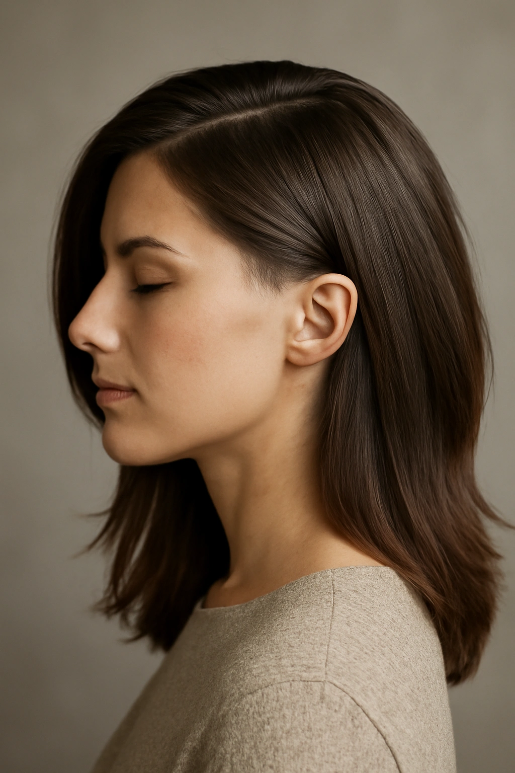 10 Undercut Styles From Subtle To Bold For Women 1 Side profile of a woman with long hair concealing a hidden undercut