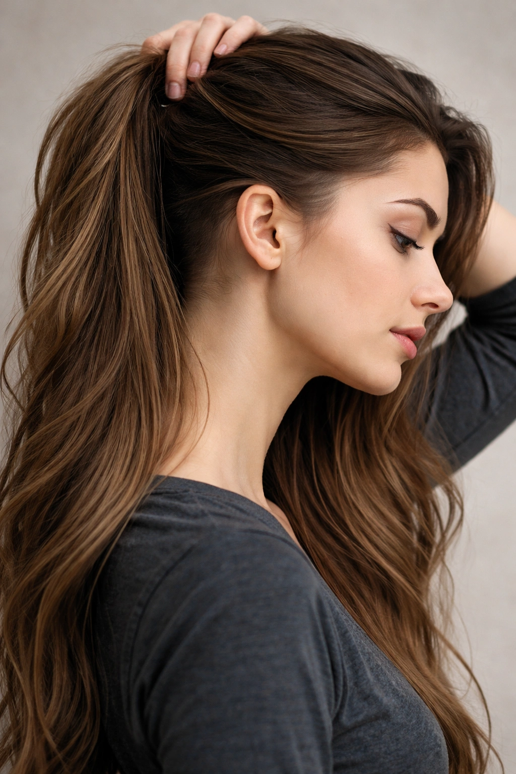 Profile of a woman with a minimalist hidden undercut concealed by long hair.