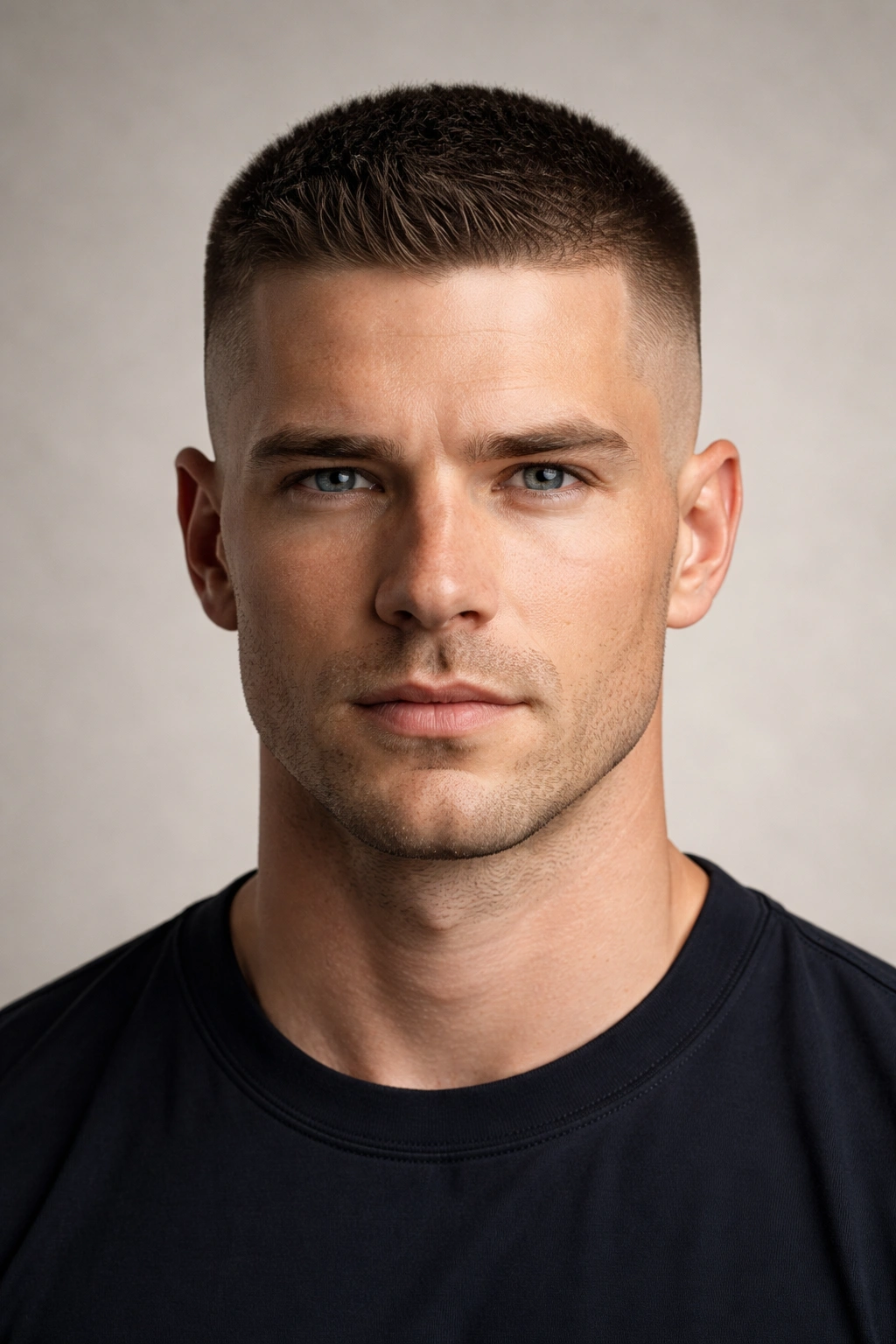 Frontal view of high and tight crew cut with very short sides and slightly longer top