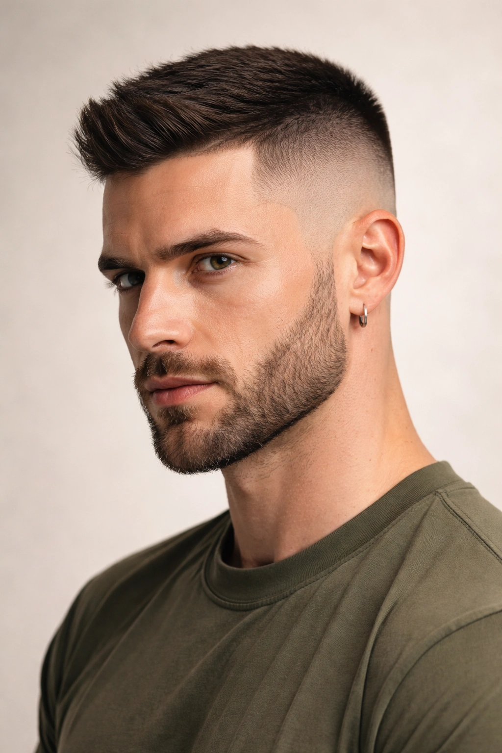 Head-and-shoulders portrait of a model with a high skin fade and short top