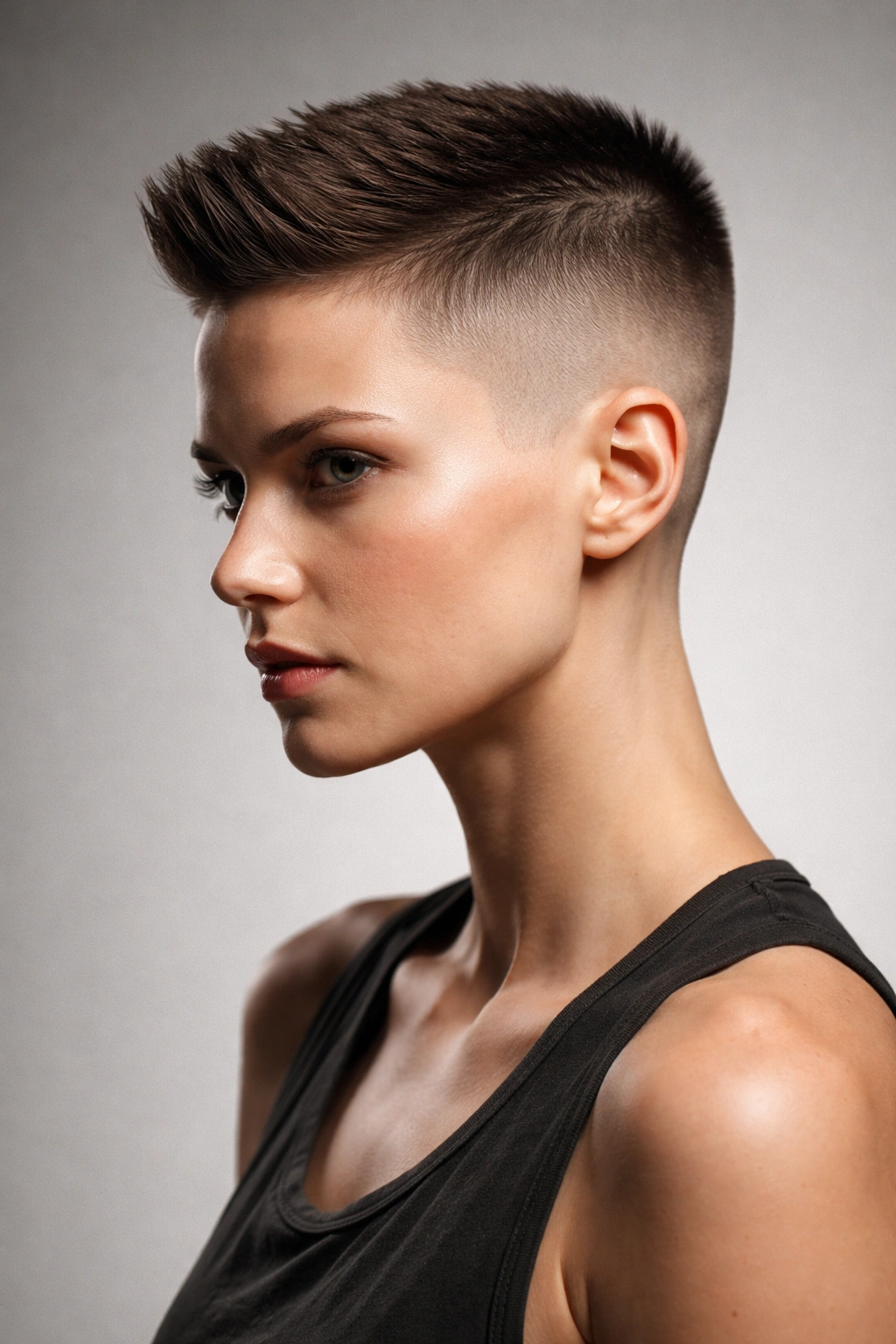 Close-up portrait of a high and tight haircut showing skin-close sides and a short upright top