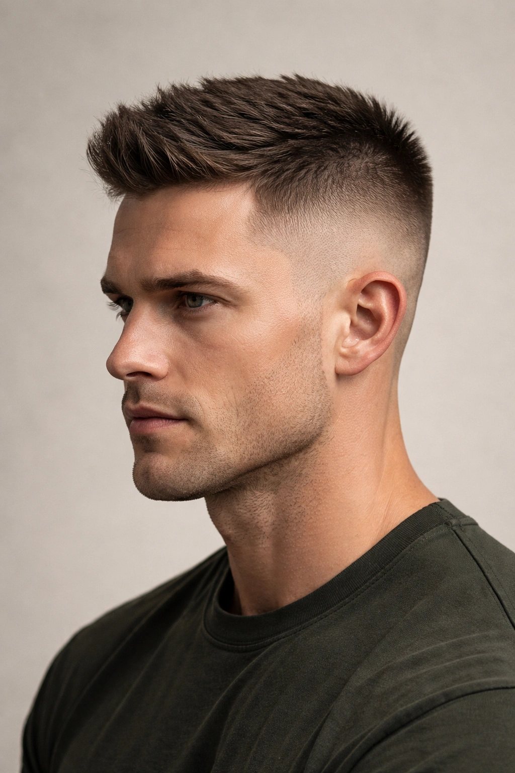 Portrait of high and tight hairstyle with textured top on male model
