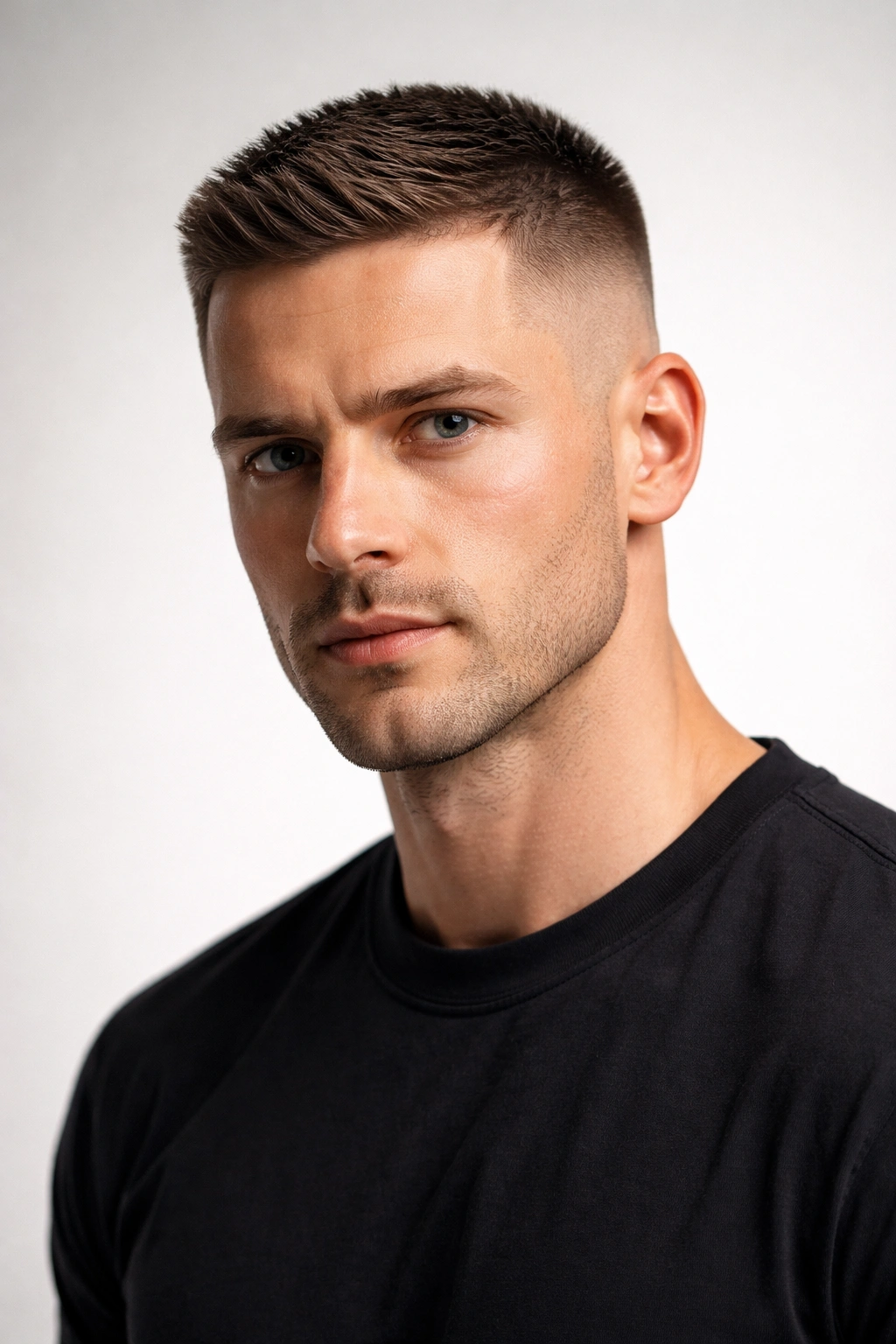 Portrait of a man with a high and tight haircut showing a sharp high fade and short top