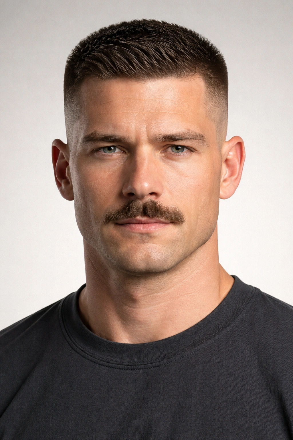 High and tight haircut with military mustache in a precise look