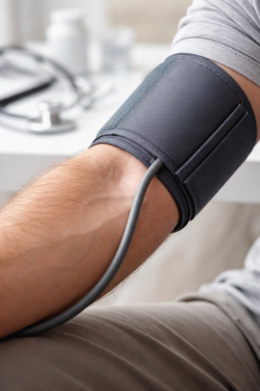 Close-up of forearm with blood pressure cuff indicating hypertension context