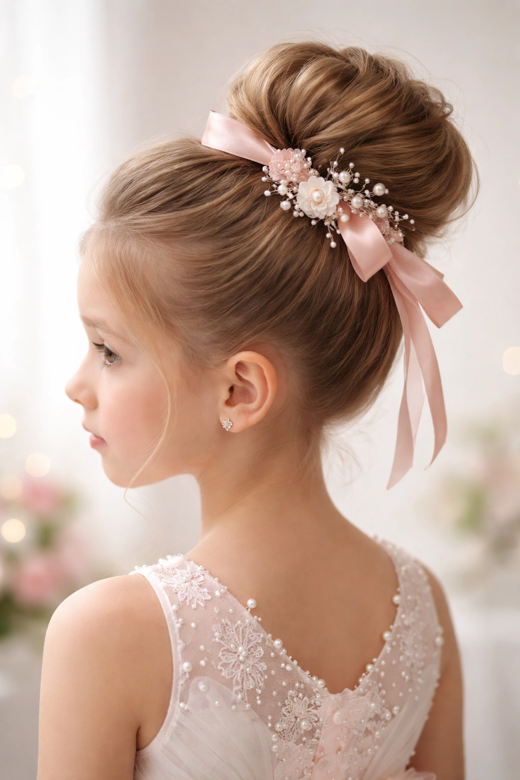 Girl's high bun with ribbon accessories