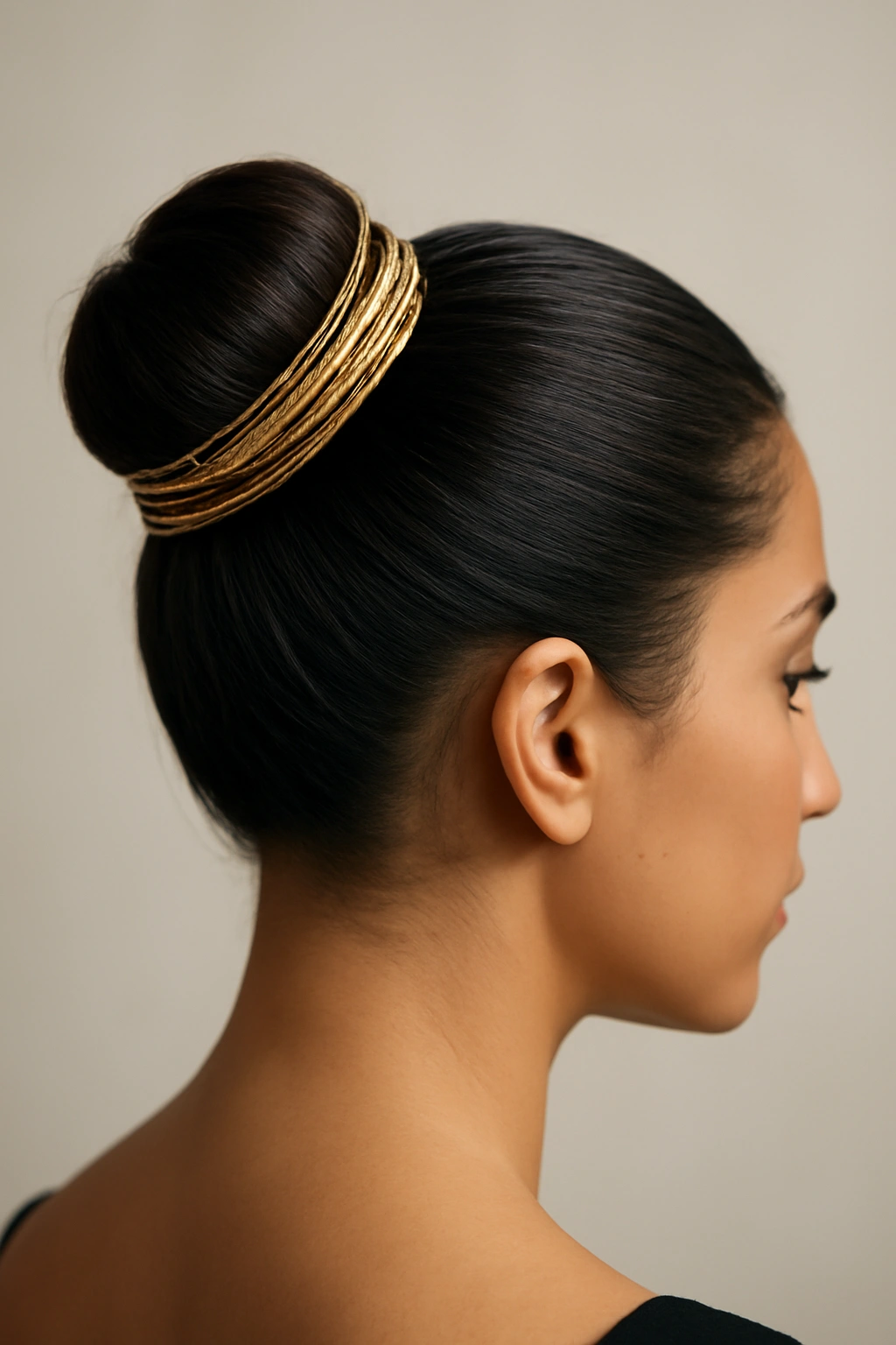 10 Beautiful Short Hairstyles for Indian Weddings 2 Close-up of a sleek high bun with decorative threads on the base.