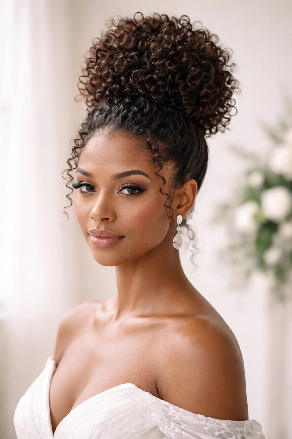 Close-up of high bun with defined curls showing natural texture for wedding.