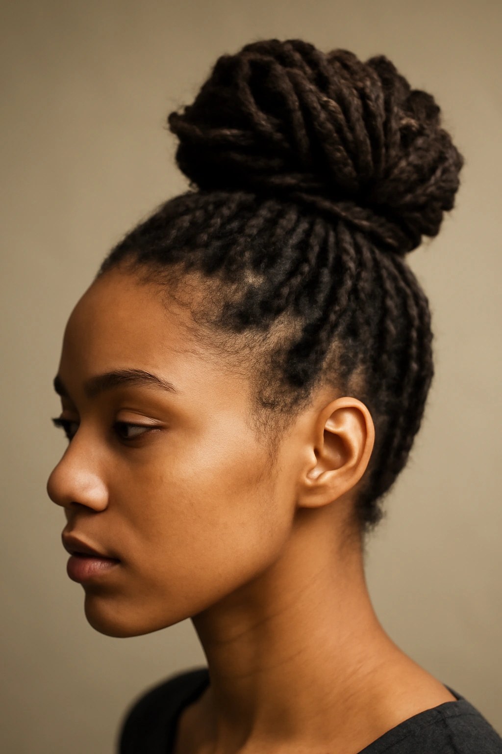 10 Hairstyles to Try If You Have Short Dreads 3 High bun of short dreadlocks at the crown showing textured coils.