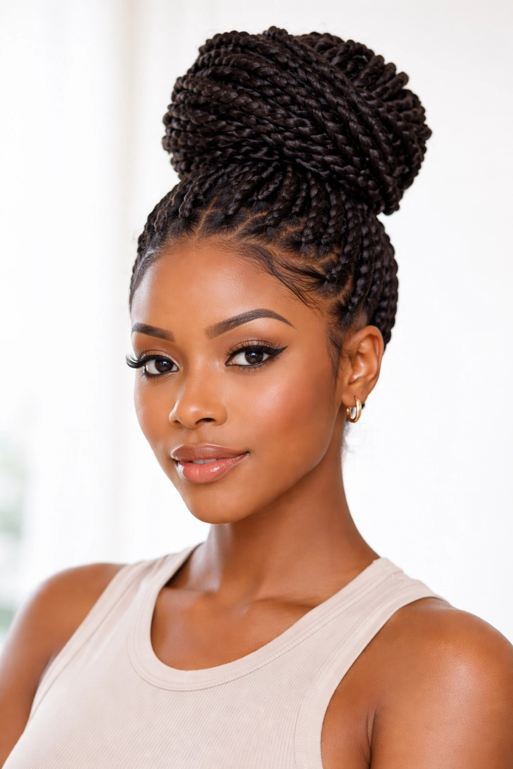 Front-facing portrait of a person with a high bun made from passion twists