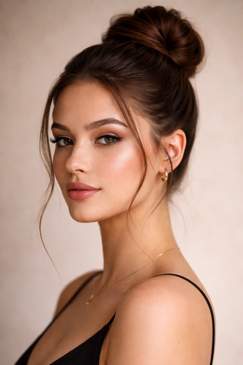 15 Hairstyles That Beautifully Flatter Round Faces 12 Model with sleek high bun and wispy strands at temples for soft contrast.