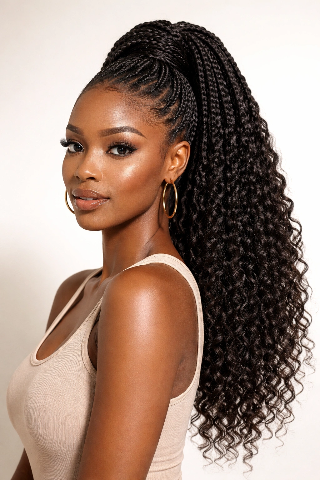 Full view of a high crochet ponytail with voluminous braids