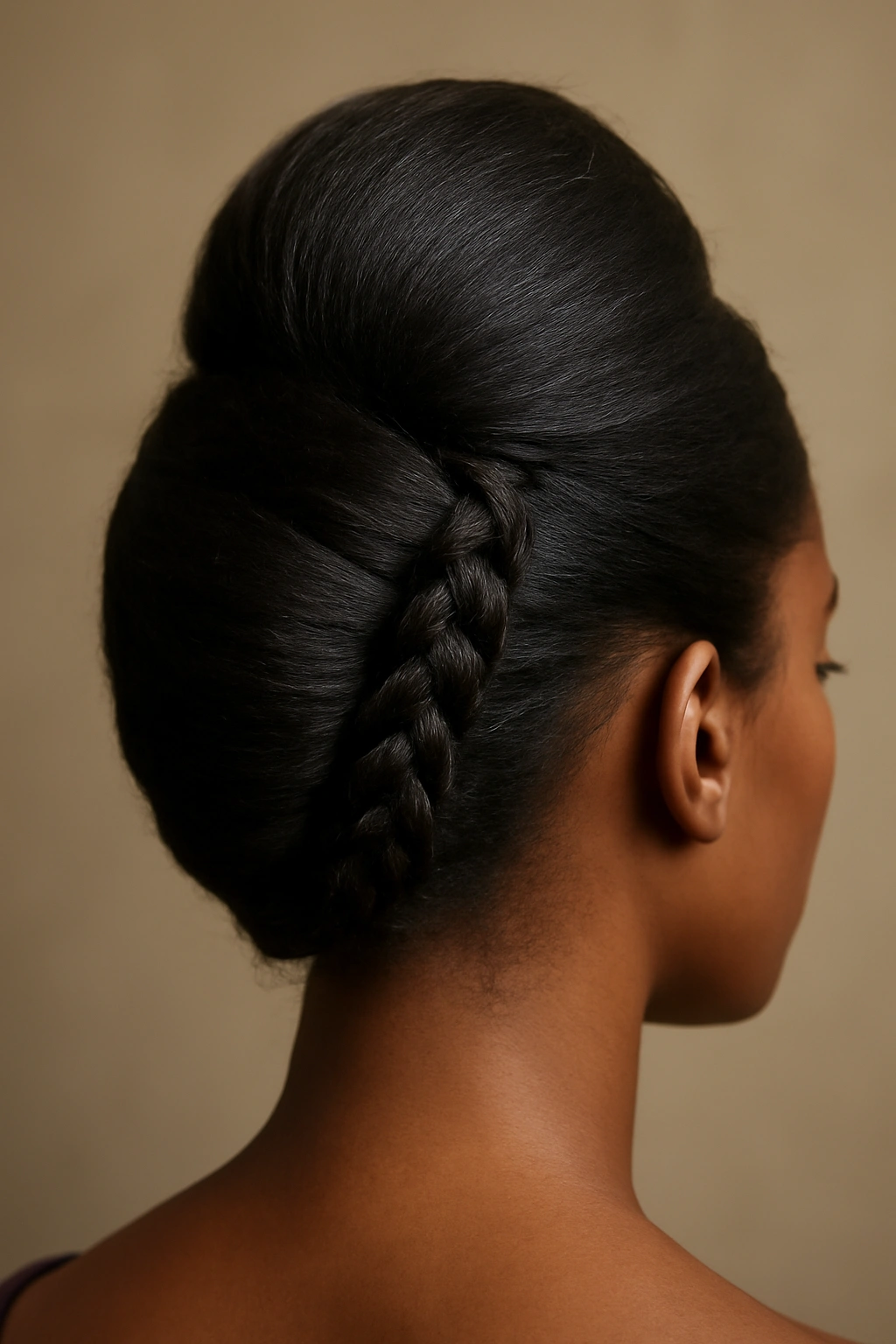 12 Elegant French Roll Updos Every Black Woman Needs 6 Back/top view of a high crown French roll with braided detail along the crown