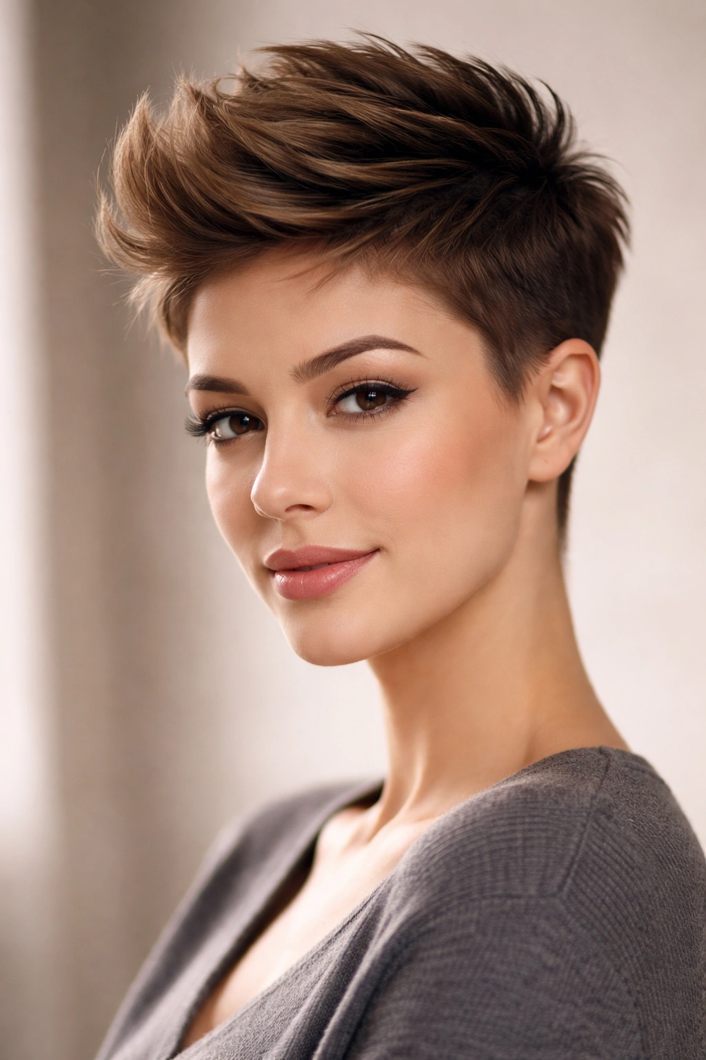 Portrait of a high crown pixie with tapered sides showing height and definition
