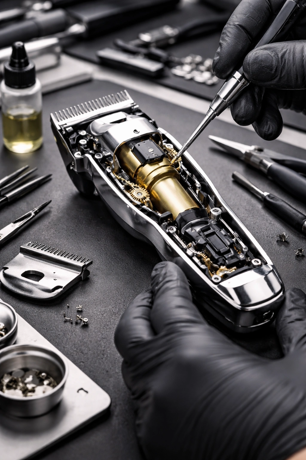 High-end clipper opened to reveal internal components for servicing