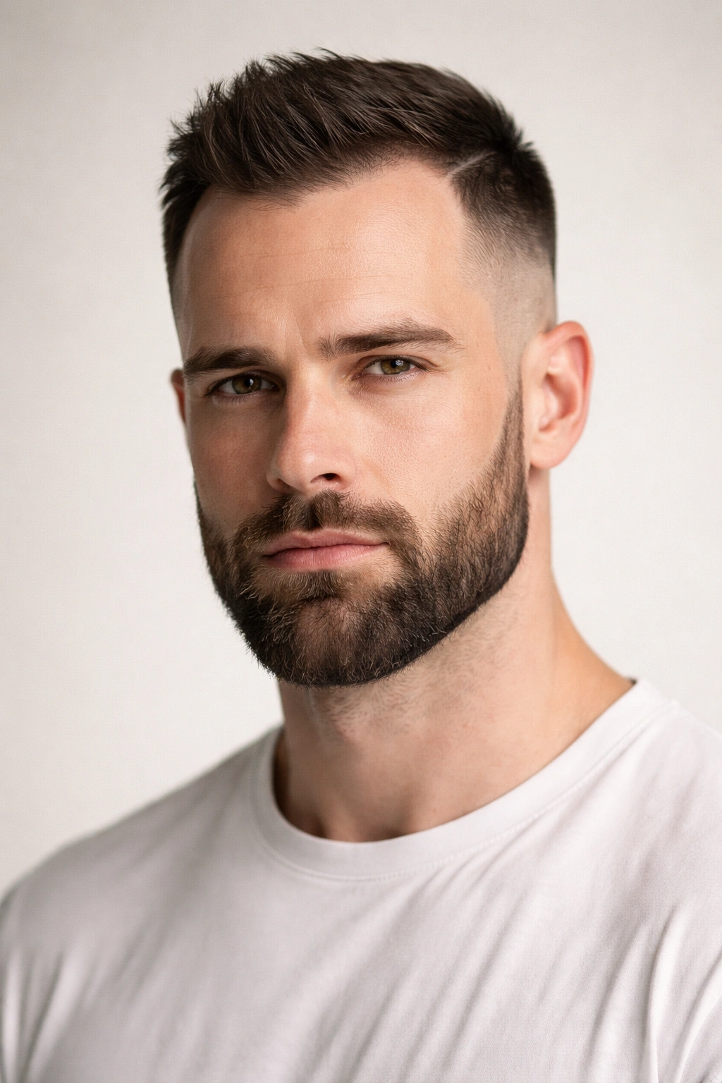 Close-up portrait of a man with a high fade and sharp beard, balanced receding hairline.