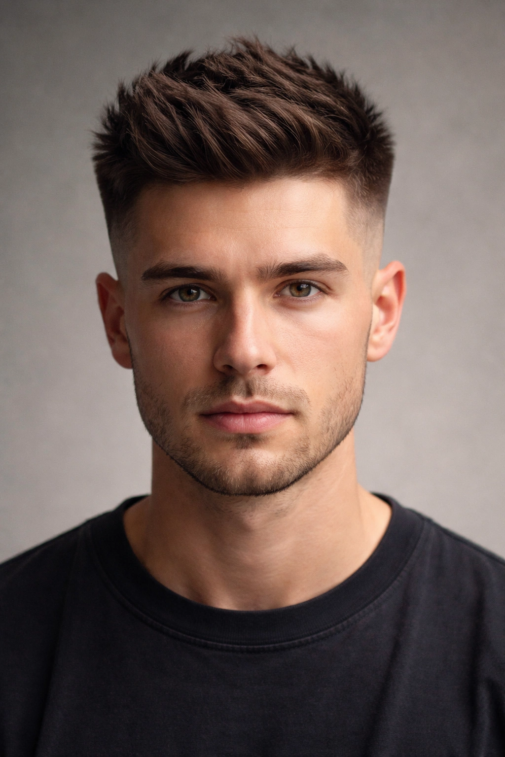 Head-on shot of a high fade with crown-length top