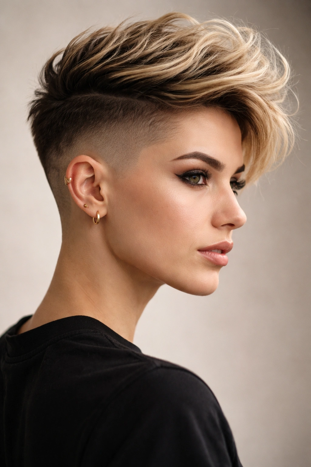 Three-quarter portrait with a high fade and disconnected top