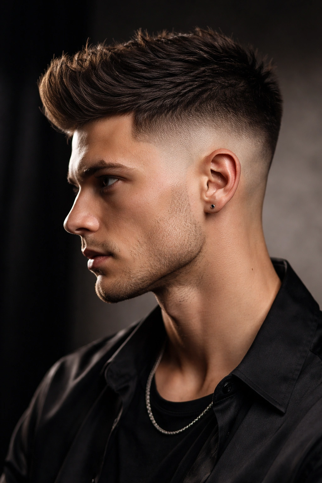 Profile view of high fade with sharp disconnected top hairstyle