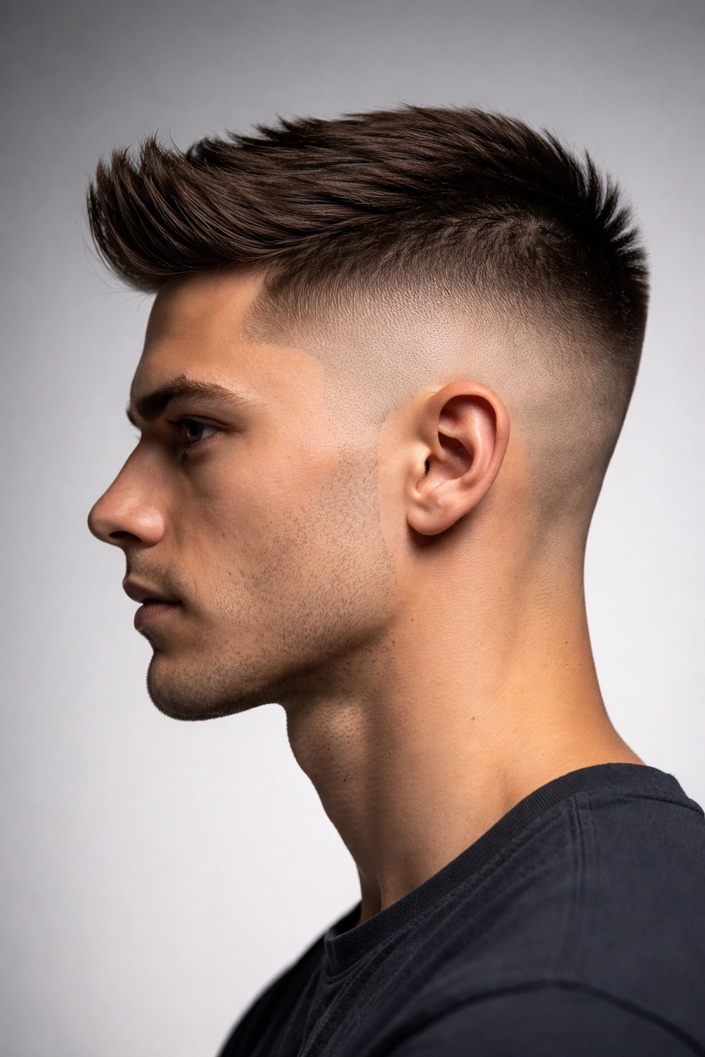 Side profile of a person with a high fade and longer top