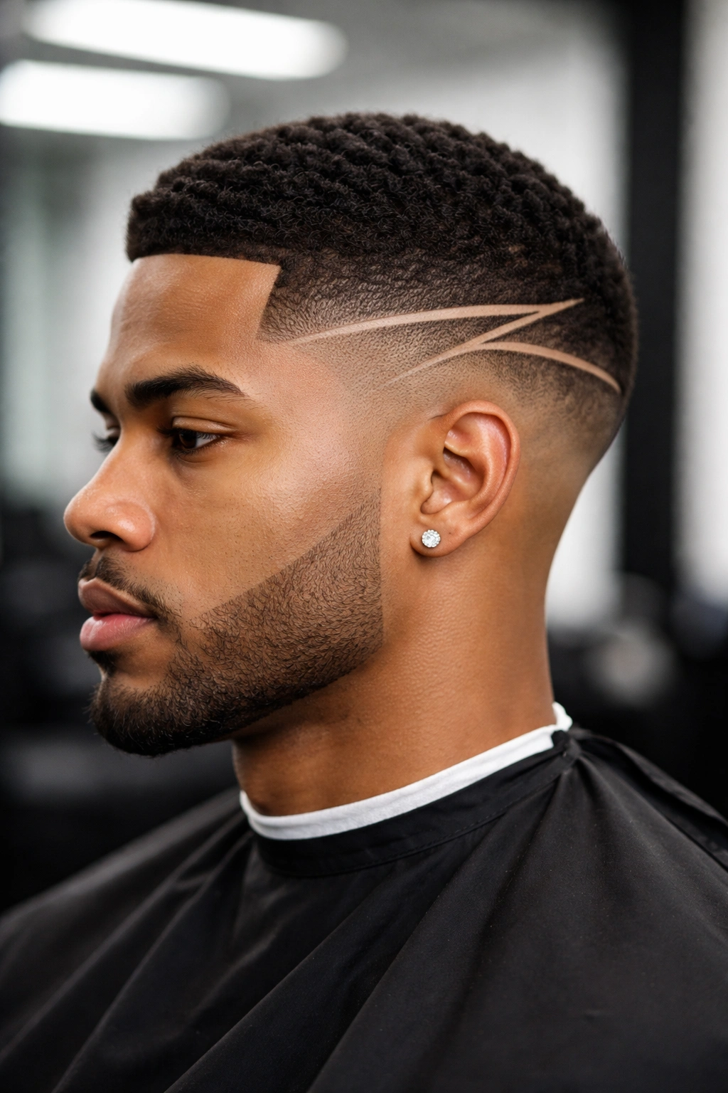Headshot of a man with high fade and precise line design in the hair
