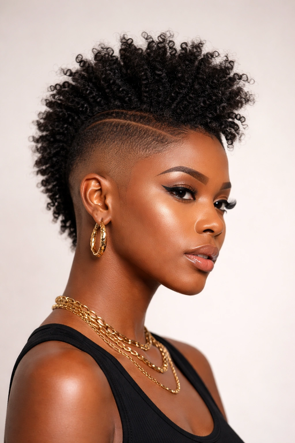 Three-quarter view of a Black woman with a high-fade mohawk