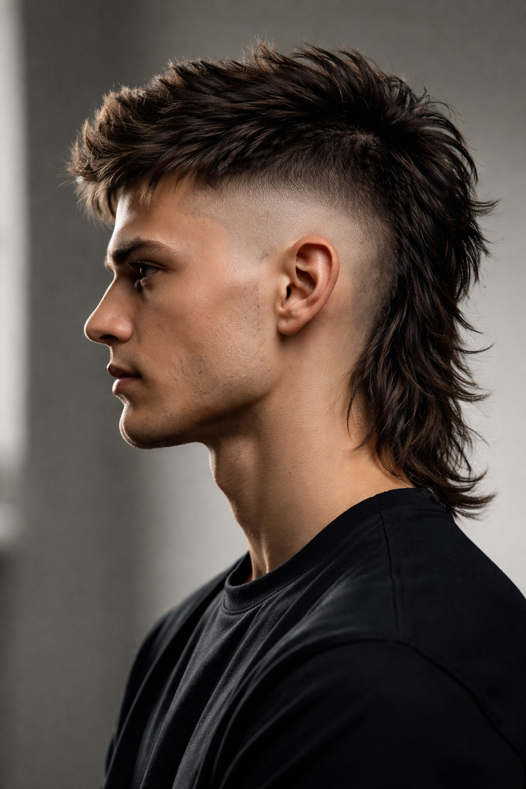 Profile view of The High-Fade Mullet with dramatic high fade.