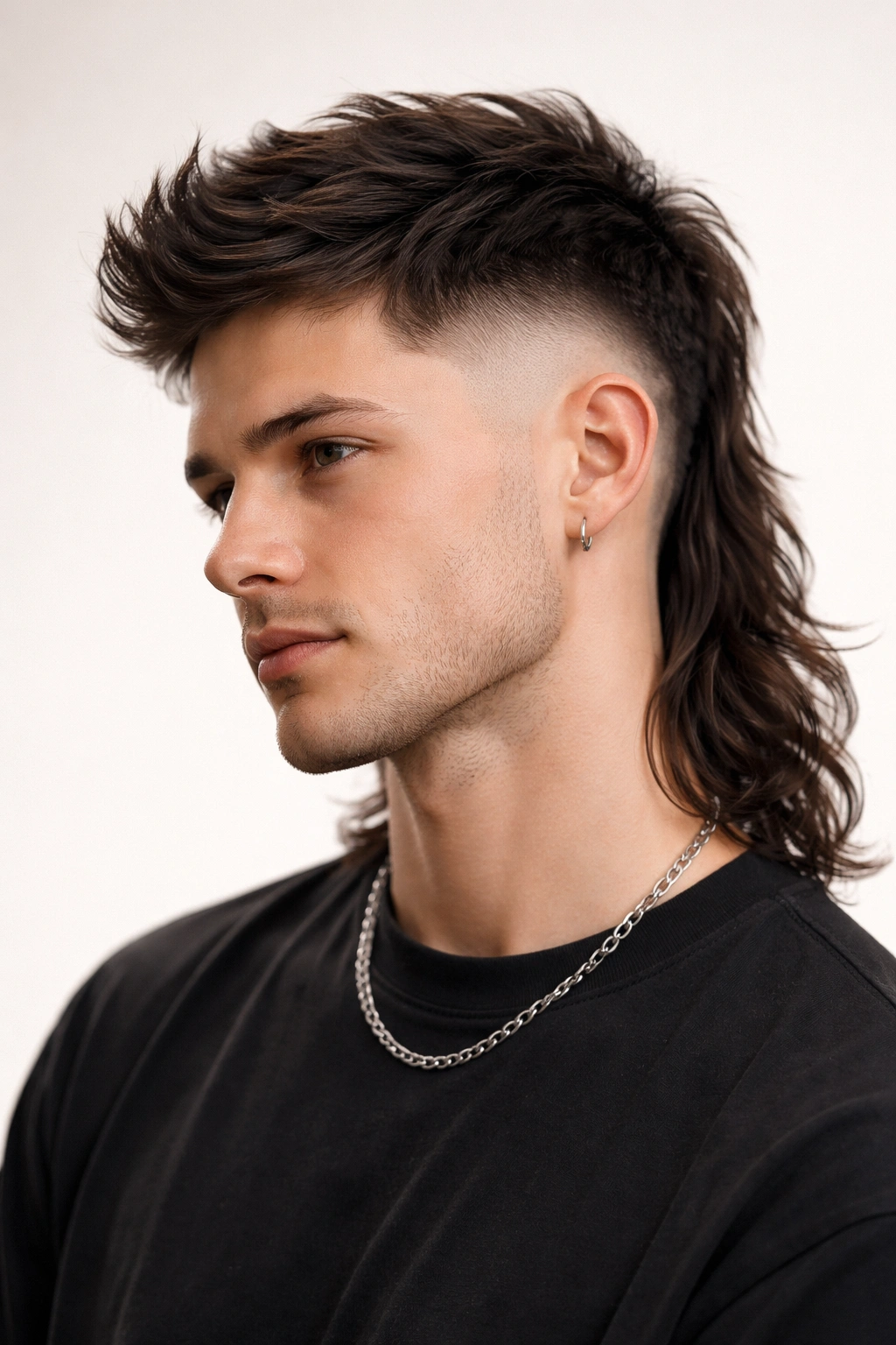 Portrait of a high-fade mullet with flowing long back and crisp side fade
