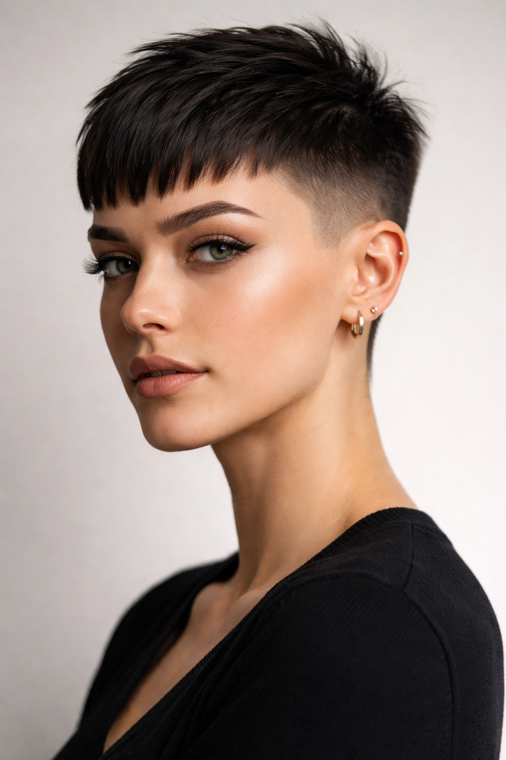 18 Pixie Cuts With Bangs For Any Face Shape 17 Portrait of a person with a high fade pixie and short bangs