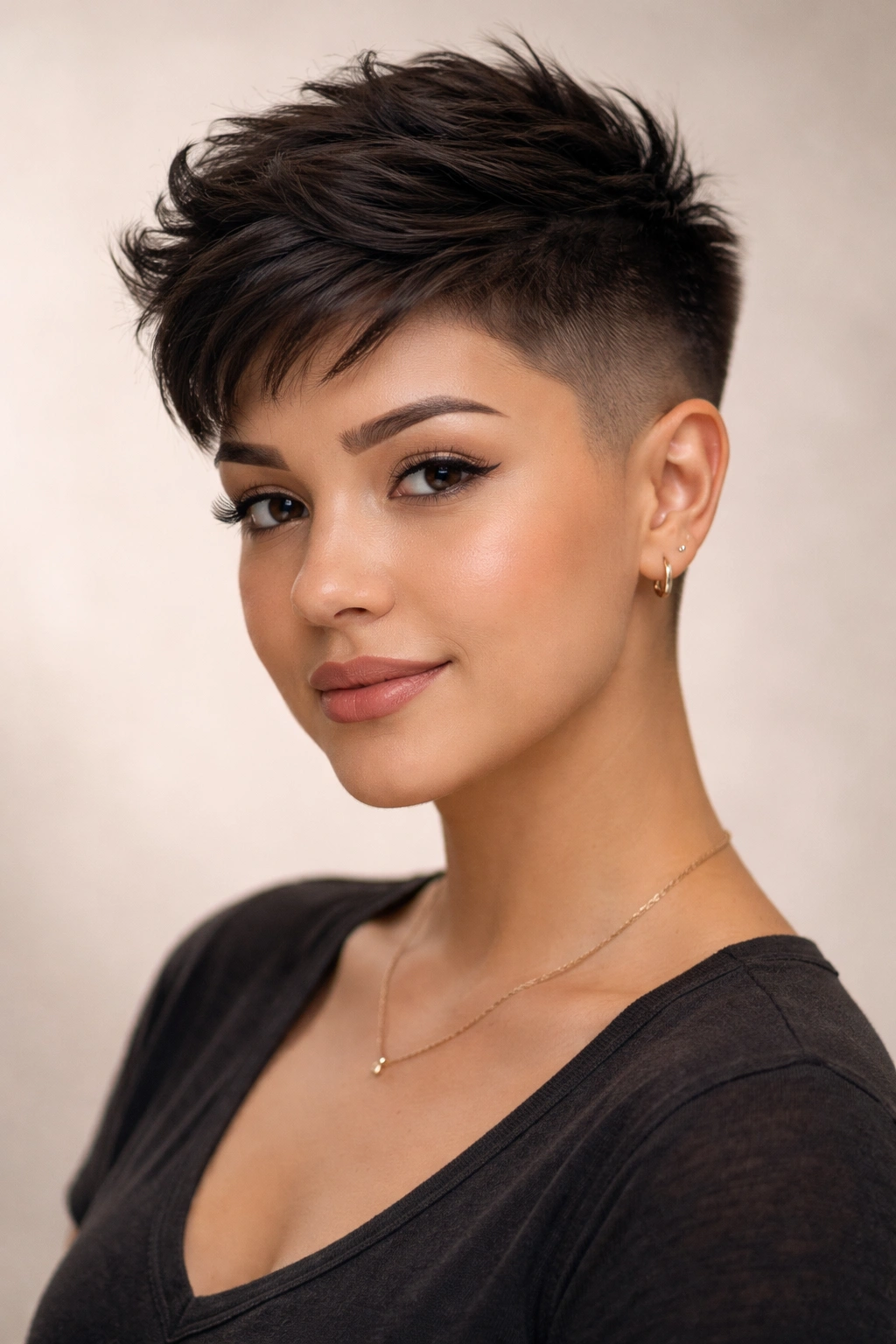 12 Pixie Cuts That Look Great On Rounder Faces 8 Portrait of a high-fade pixie with tapered sides and textured top