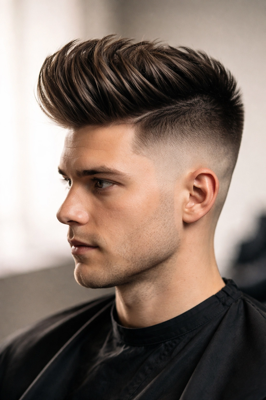 15 Slimming Short Hairstyles For Round Faces 15 Profile of head with high fade and voluminous pompadour top