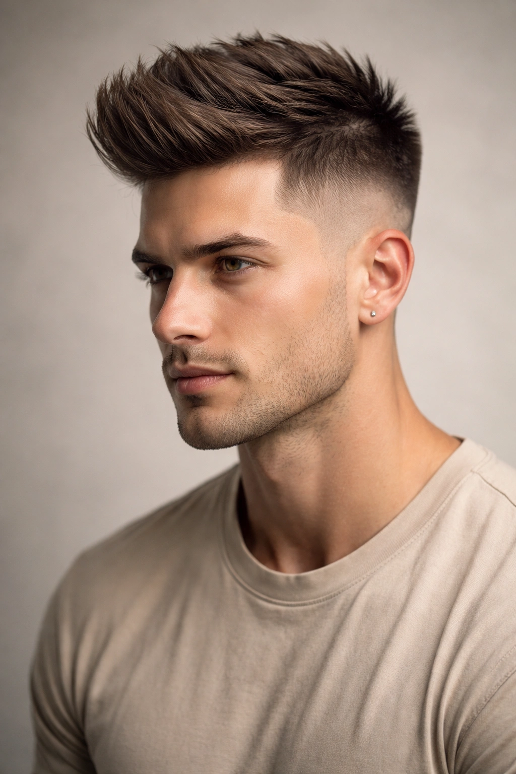 Portrait of a square-faced person with a high fade and long textured top.