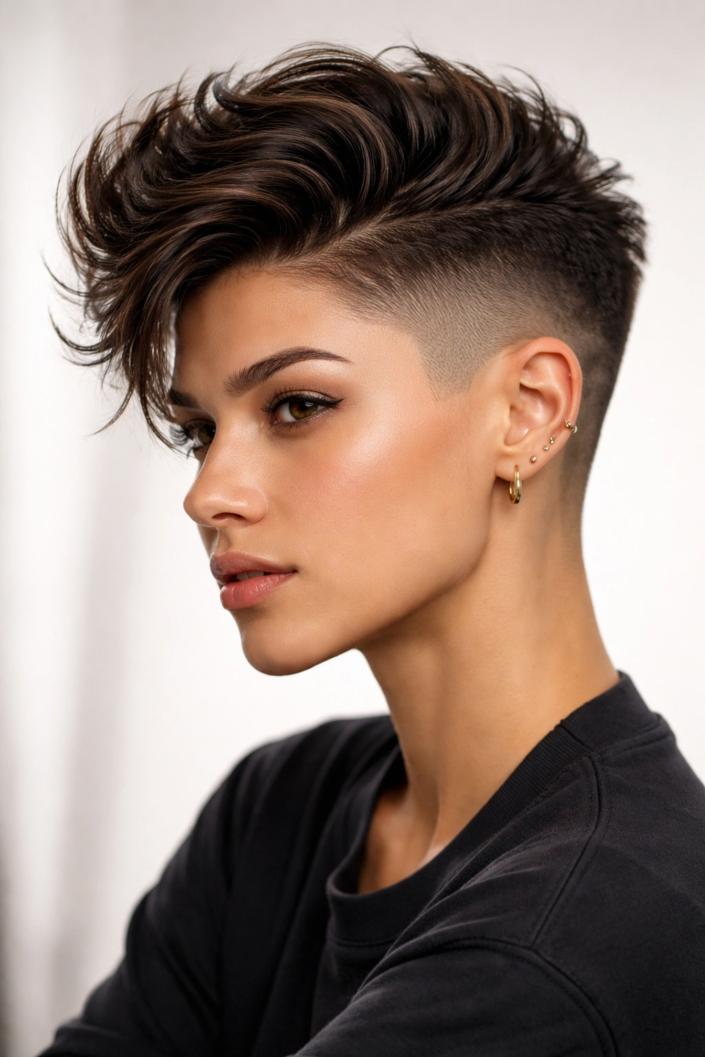Portrait of a woman with high fade sides and long top for volume and styling